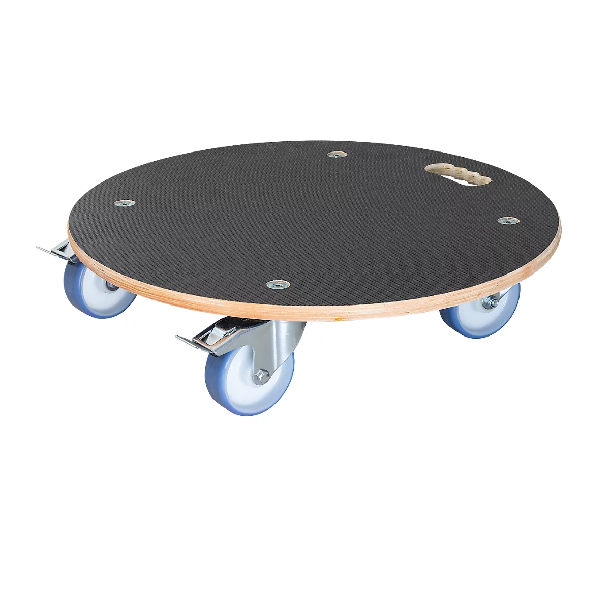 Round dolly, black, with handle and four blue wheels.