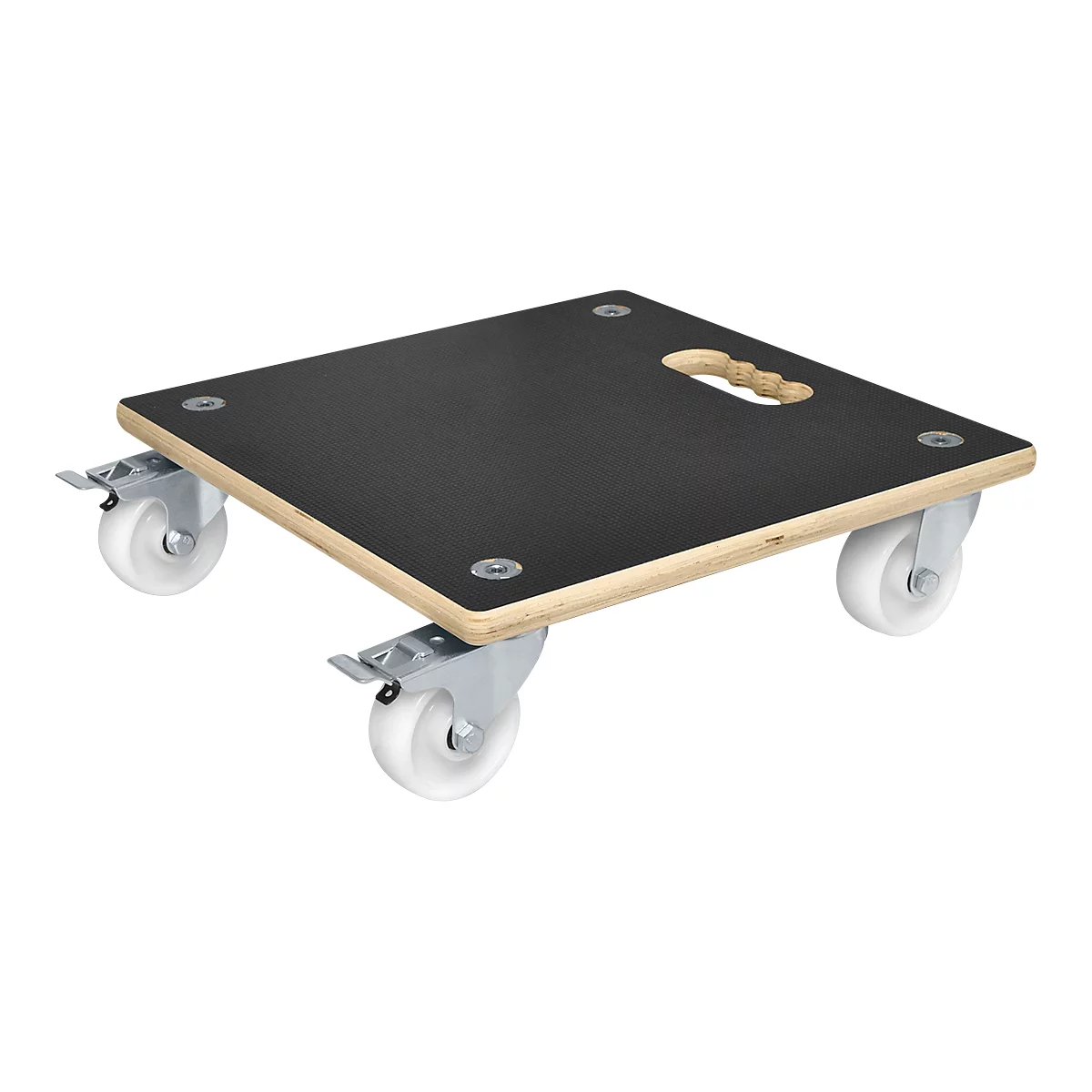 Black transport plate with wheels. Wooden board, carrying handle, four white wheels.