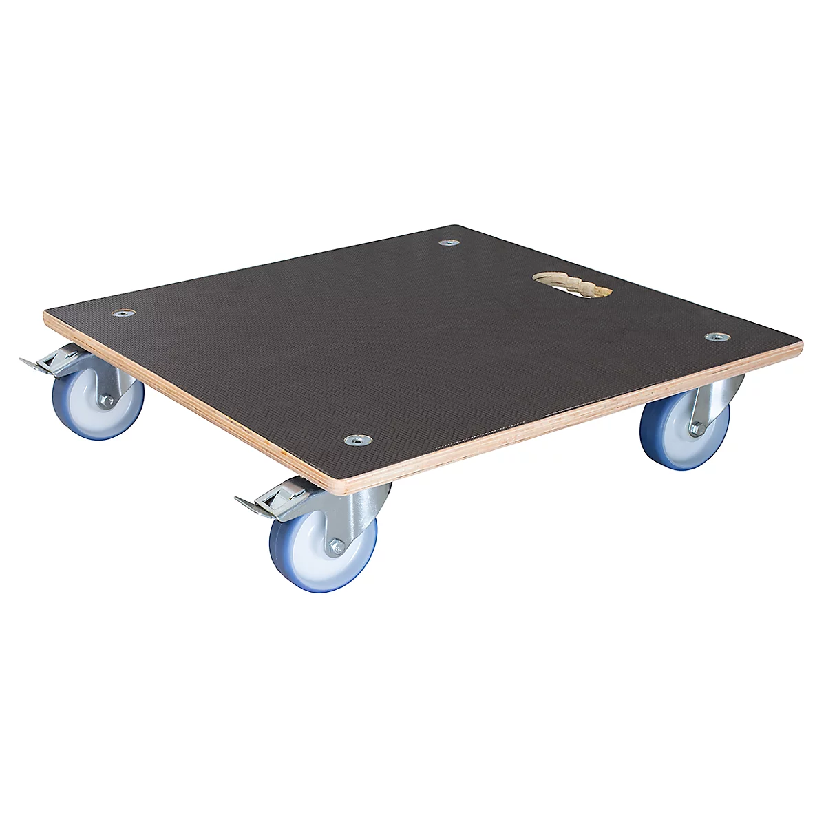 Black transport plate with four wheels. A recessed handle is incorporated.