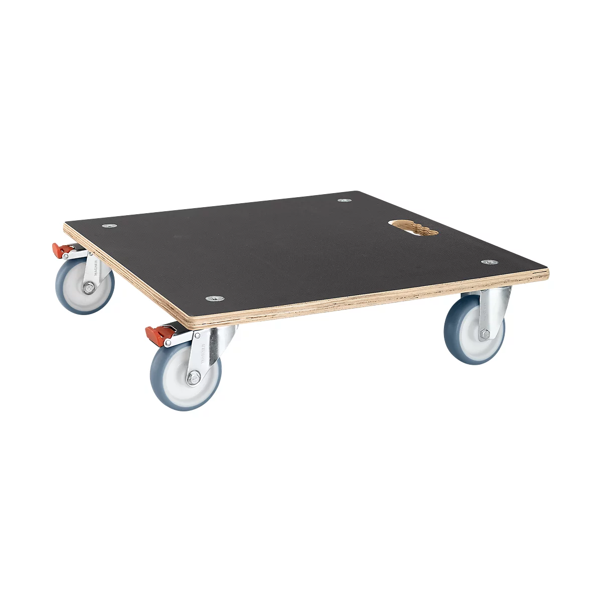 Black transport plate with four wheels, handle and red locking brakes.