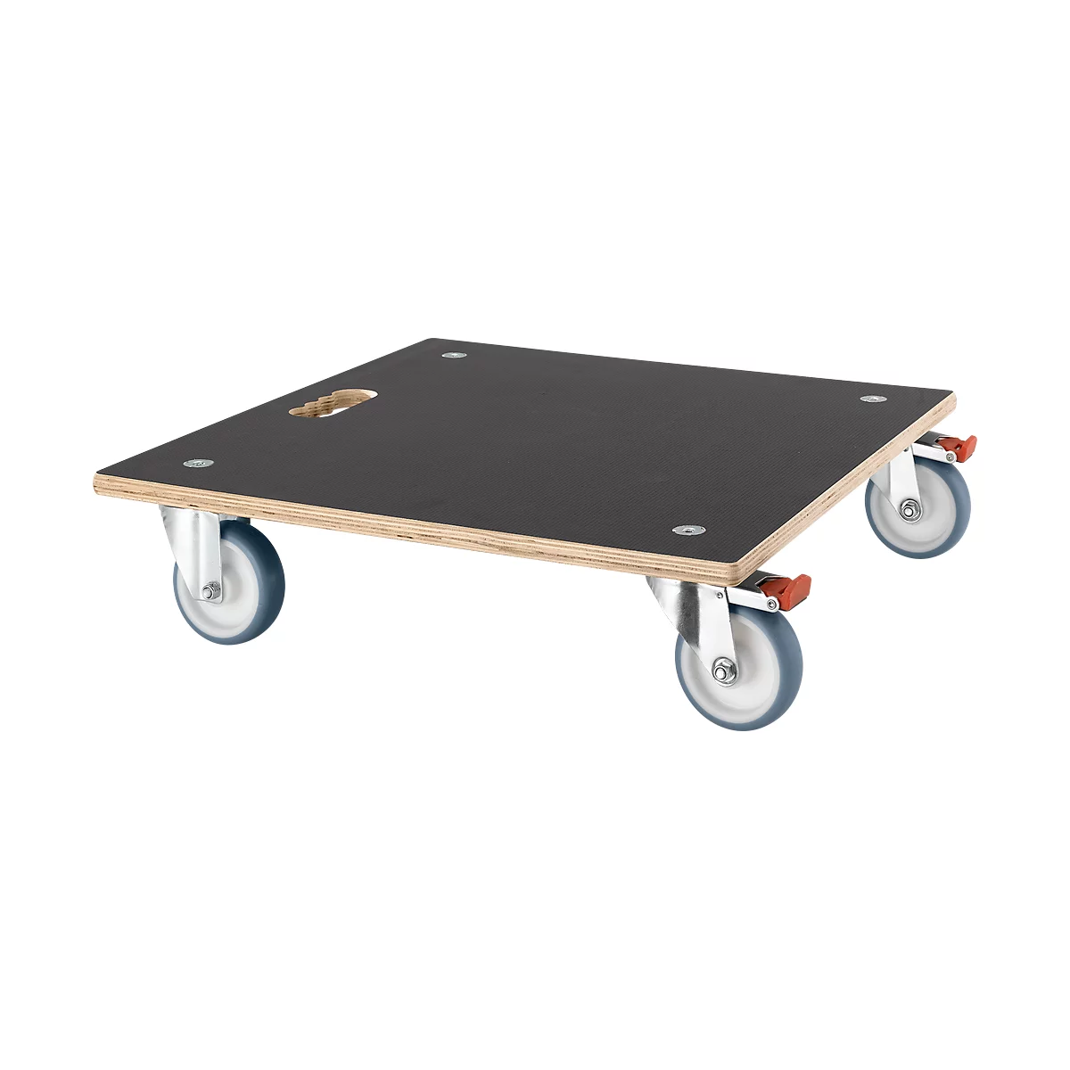 A black dolly with 4 wheels against a white background.