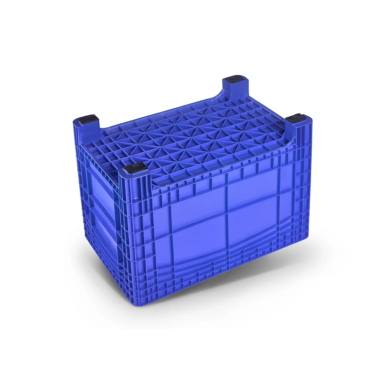 Blue rectangular plastic crate with grid pattern. Black feet at the corners.
