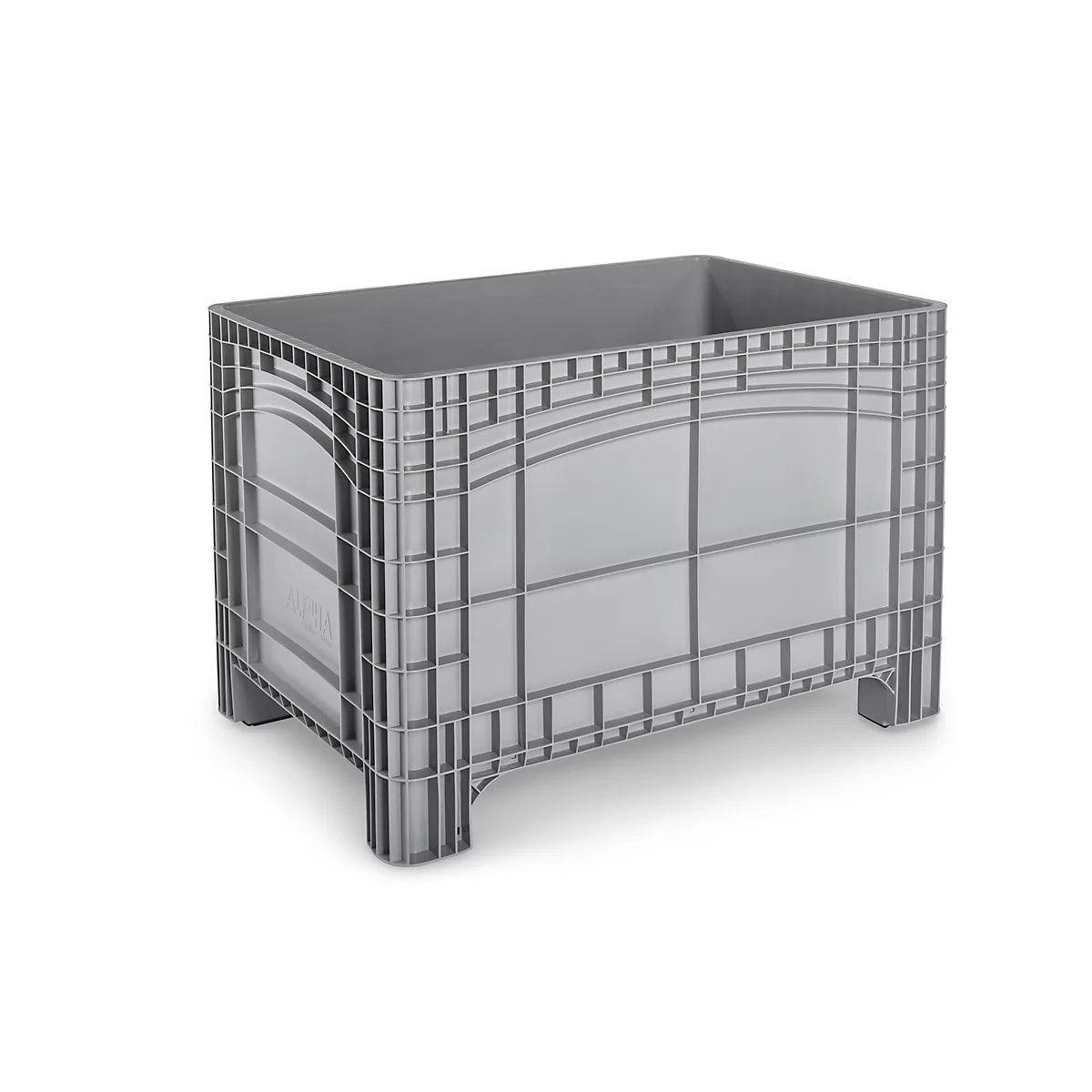 Grey plastic box, square shape, grid structure on sides, upright feet.
