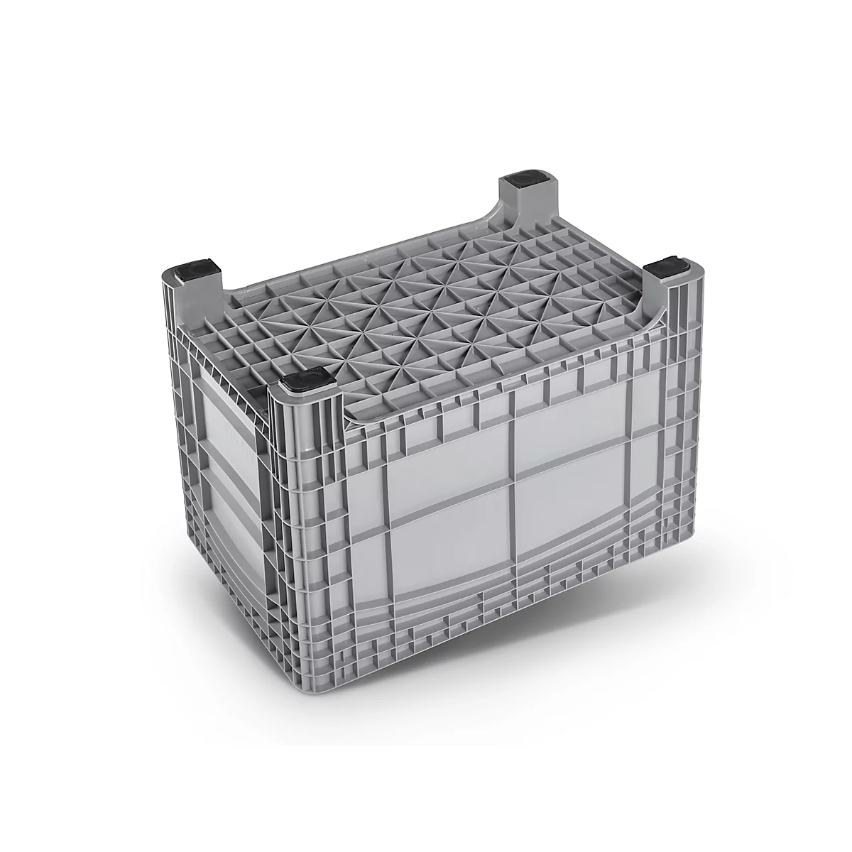 Gray plastic box, rectangular, with open grid lid, on white background.