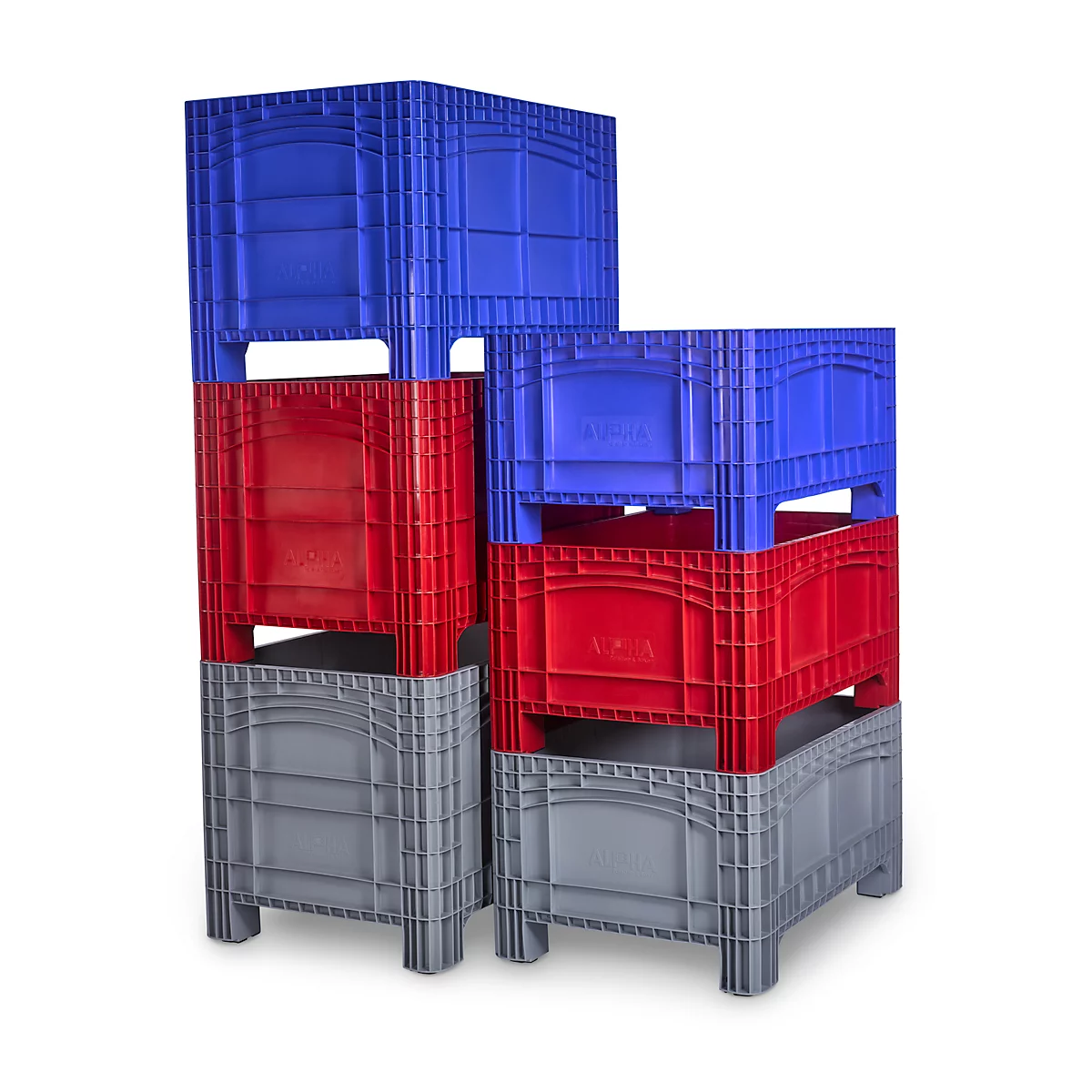 Stacked blue, red, and gray plastic crates, interlocking. The crates are shown against a white background.