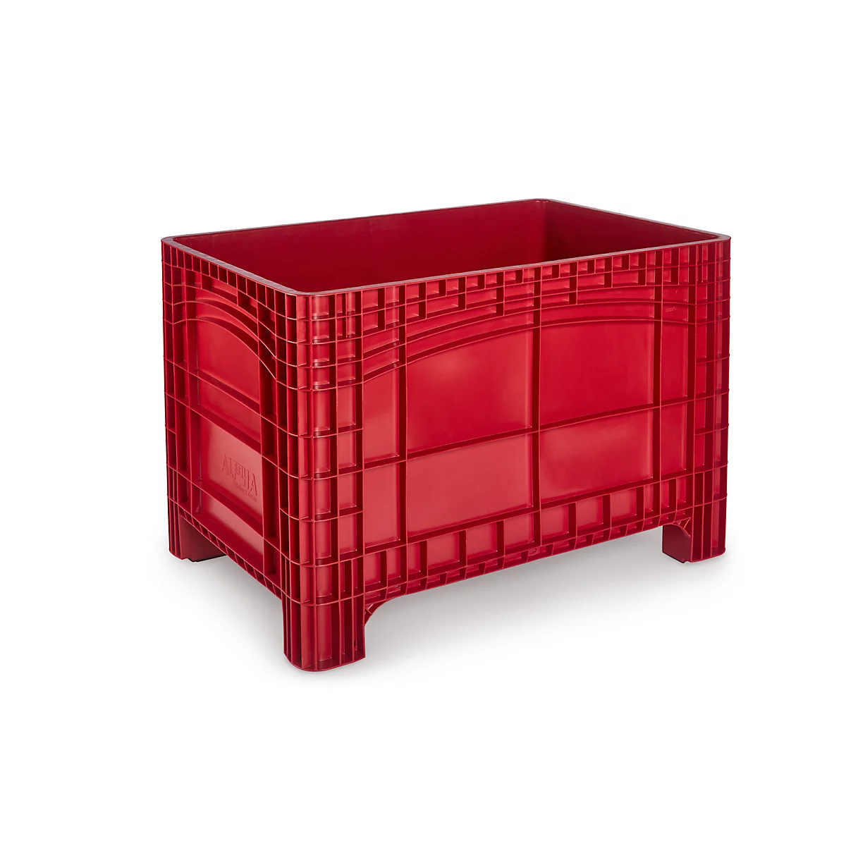 Red plastic crate with a rectangular shape, standing on four feet, empty.