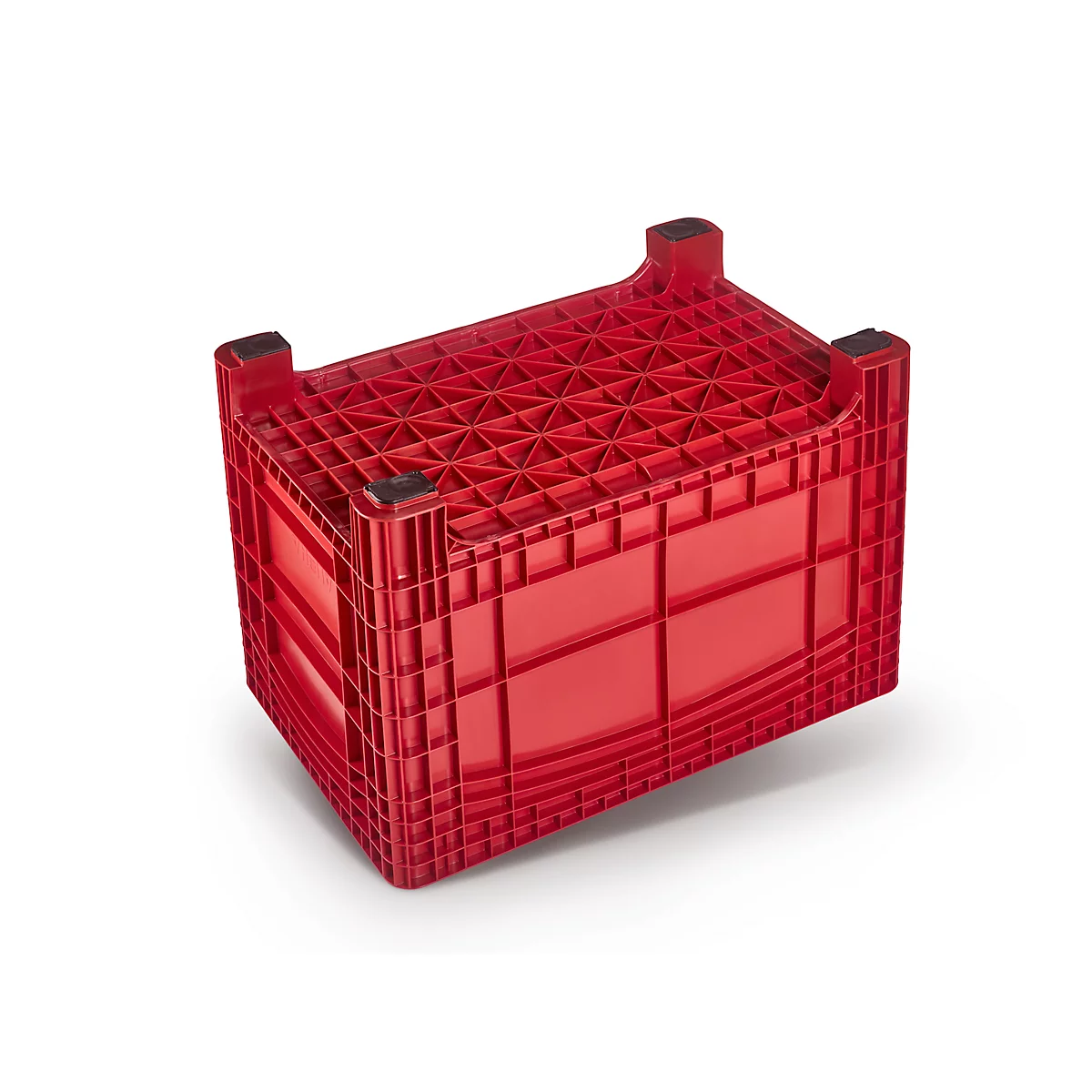 Red plastic transport crate, photographed diagonally from above, on a white background.
