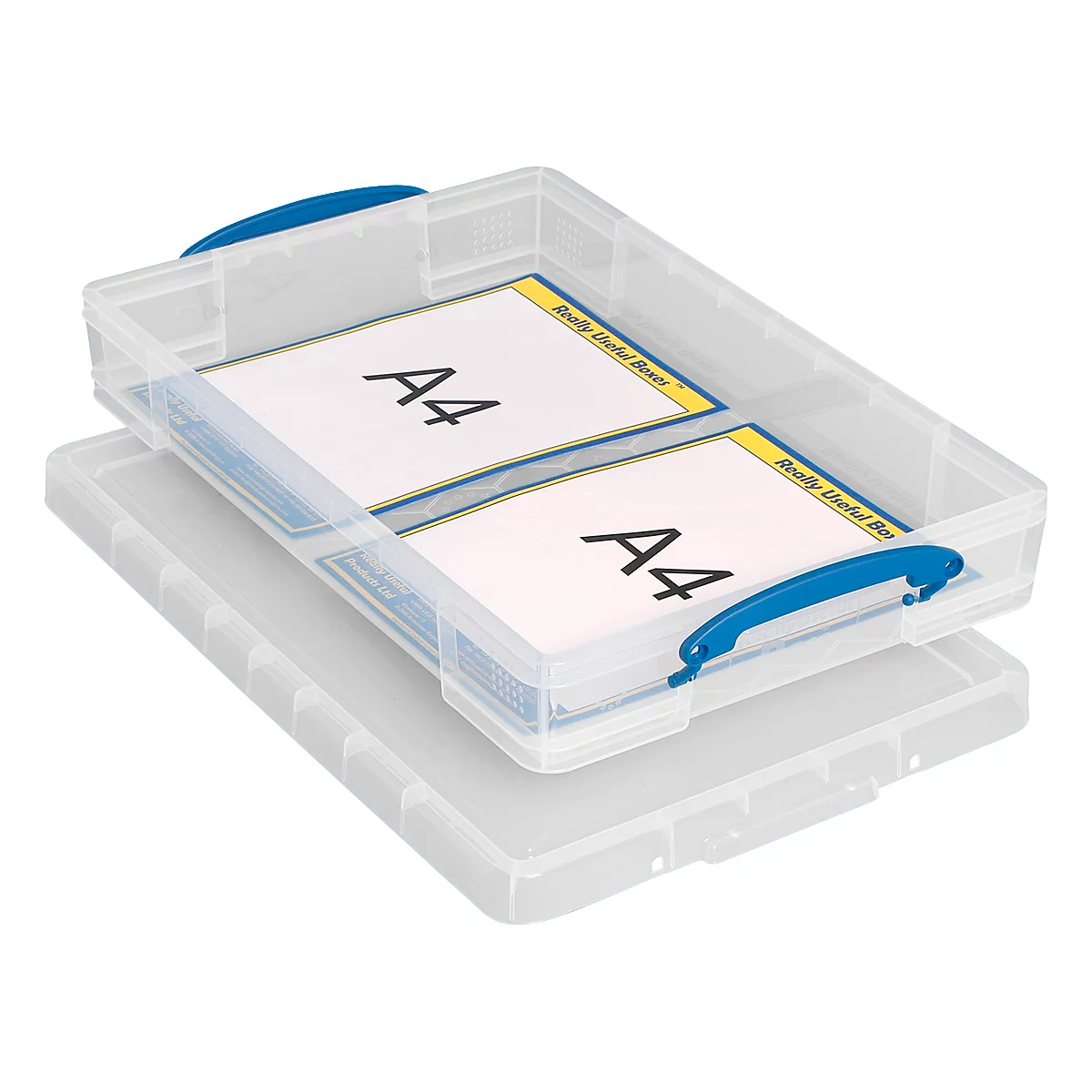 Clear A4 storage box with lid, filled with sheets with "A4" printed on them. Blue handles and lid.