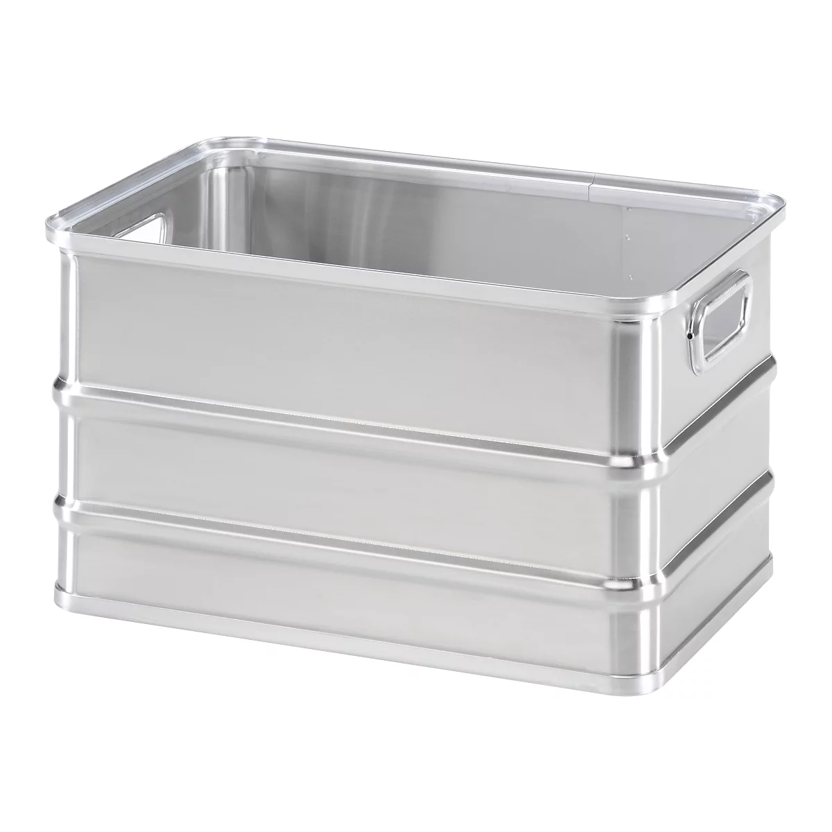 Silver metal box with handles and ribbed sides.