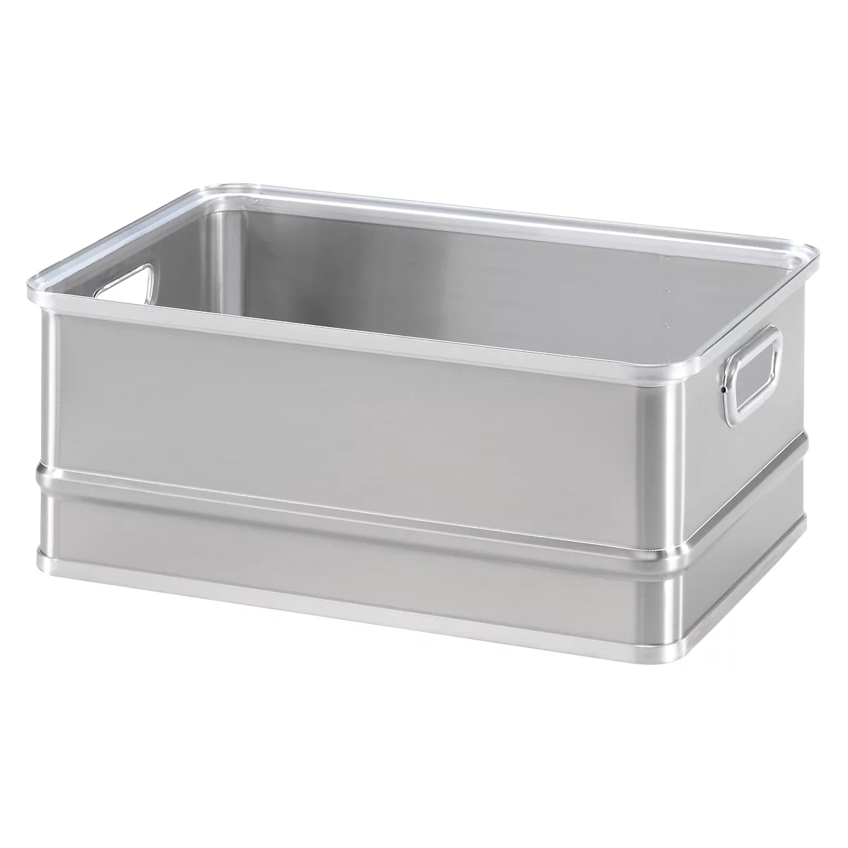 Silver rectangular transport box with handles. A white plastic frame is attached to the top edge.