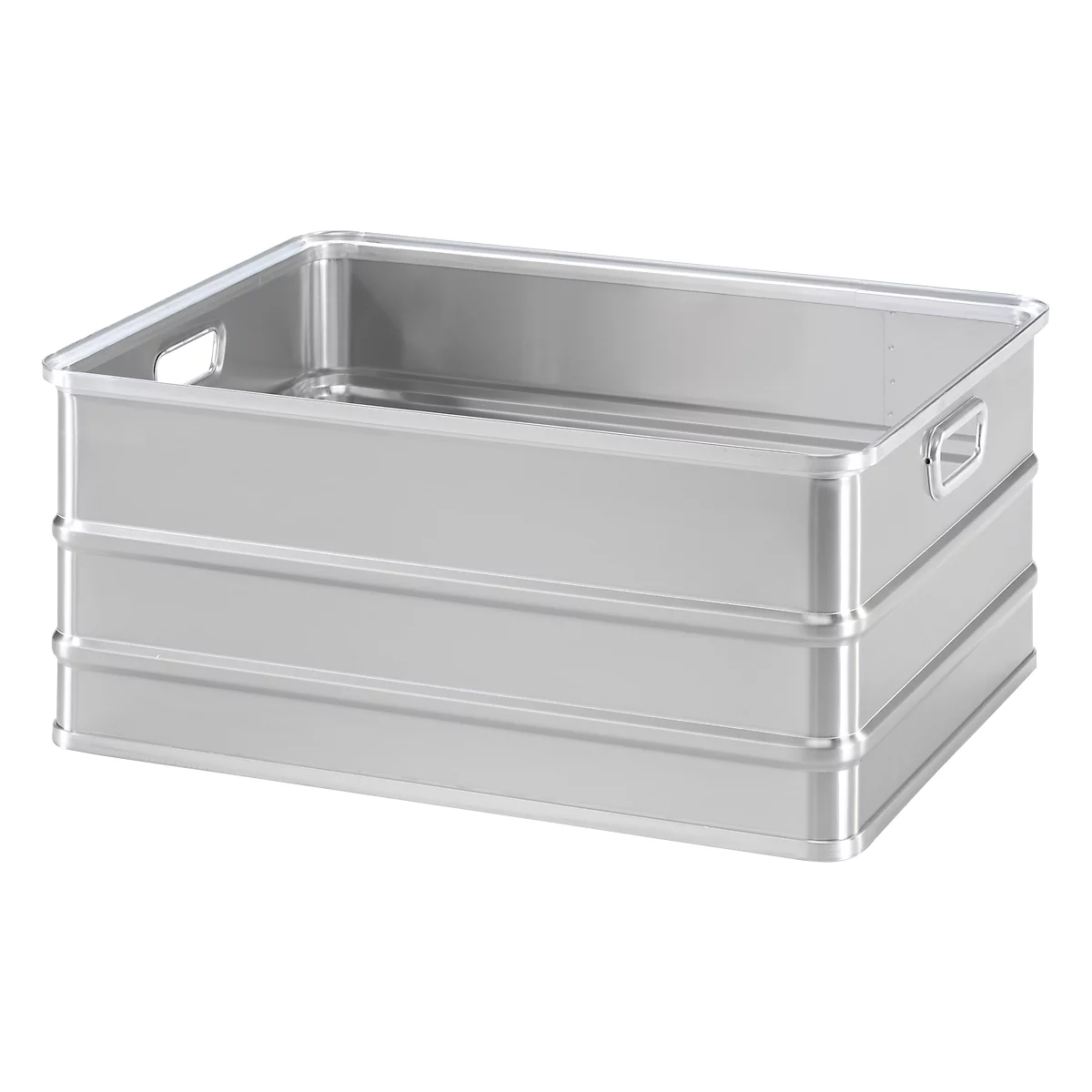 Silver transport box with handles and a ribbed surface. Rectangular shape.