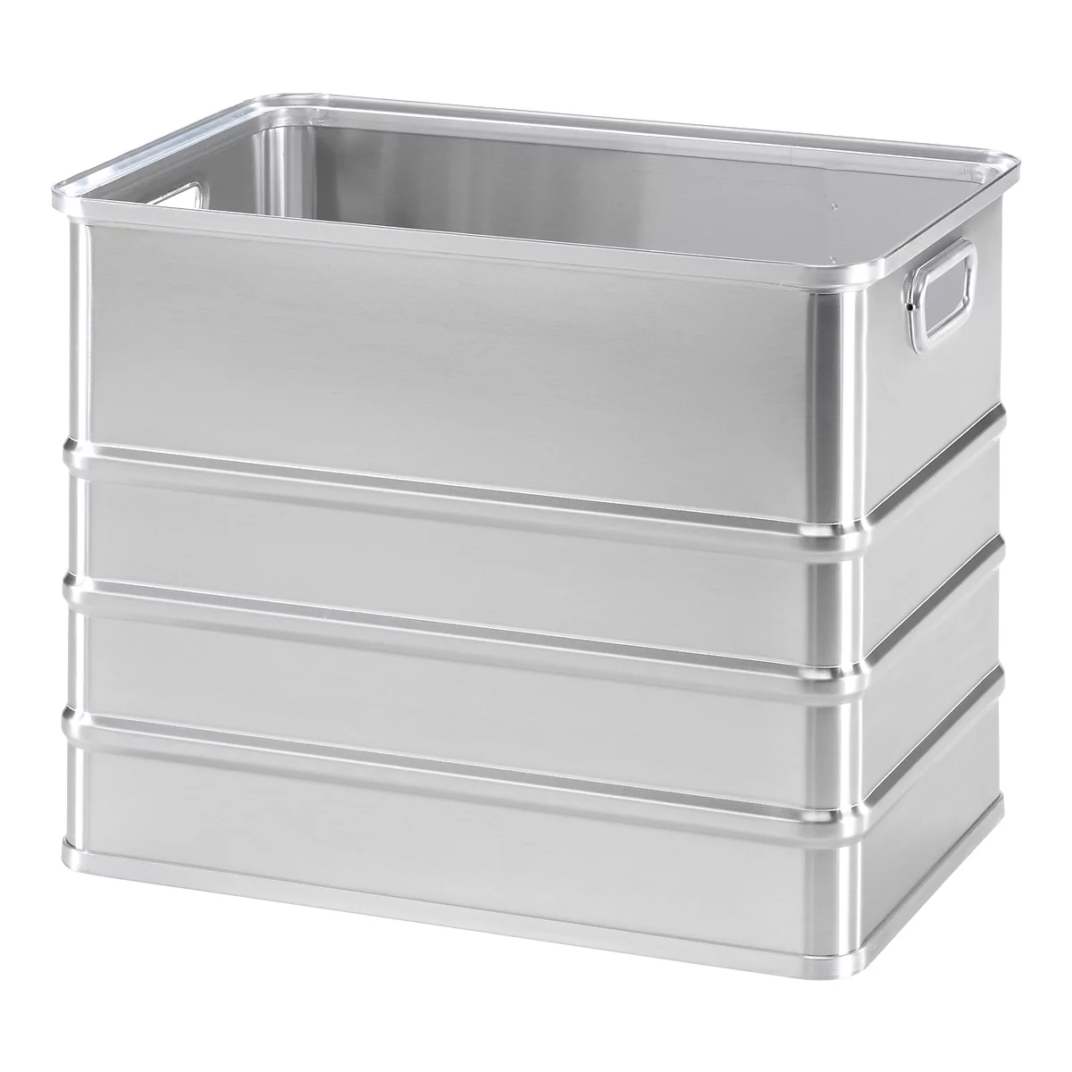 Silver aluminum transport box, rectangular with handles and horizontal reinforcements.
