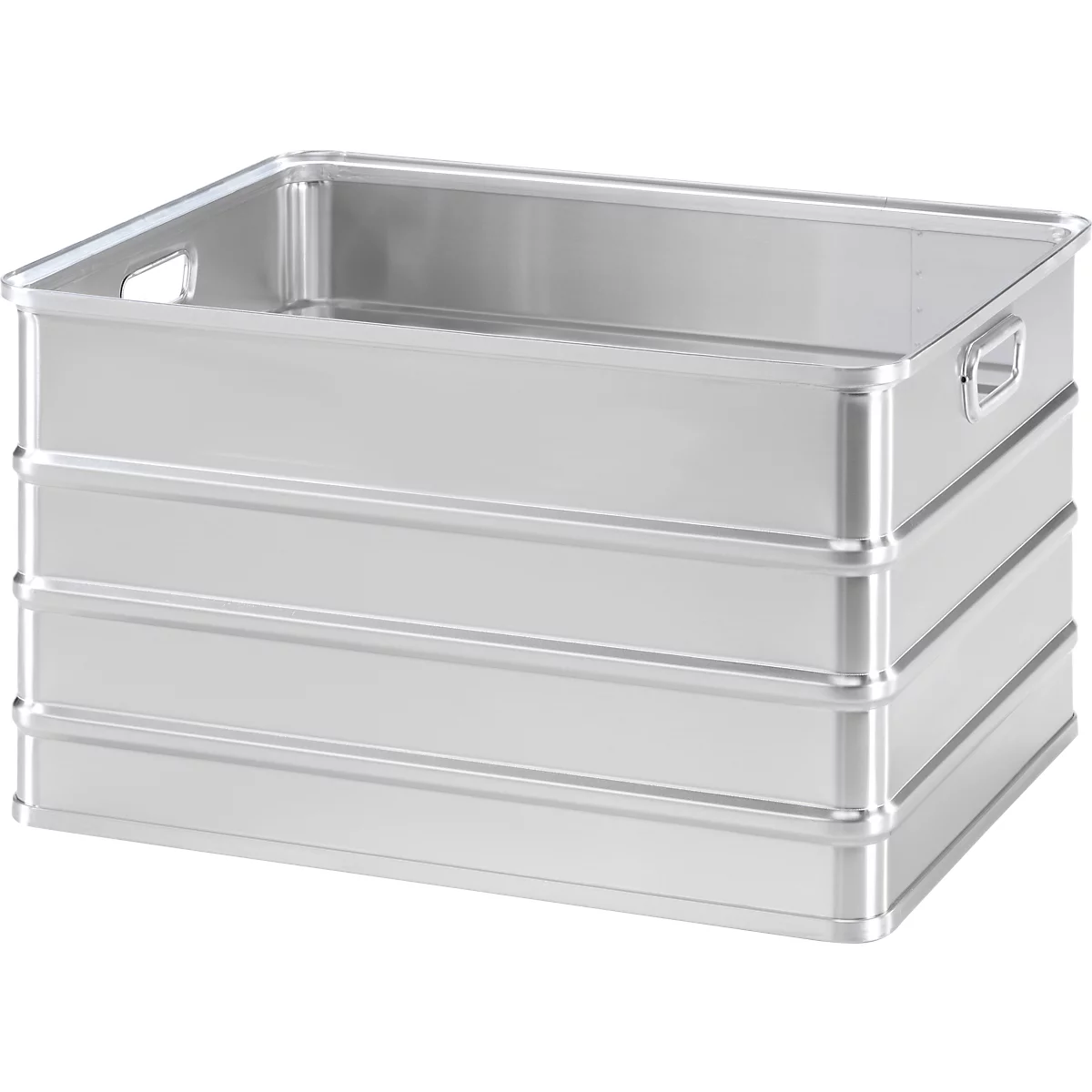 Silver aluminum box with handles, ribbed surface and open lid.