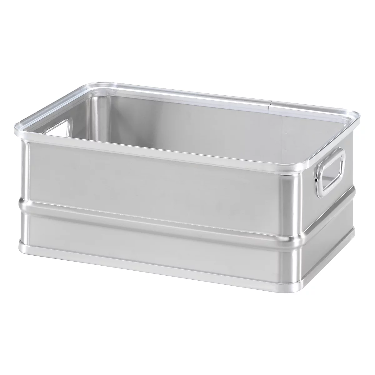 Silver aluminum box with handles. The box has an open top and is shot at a slight angle.