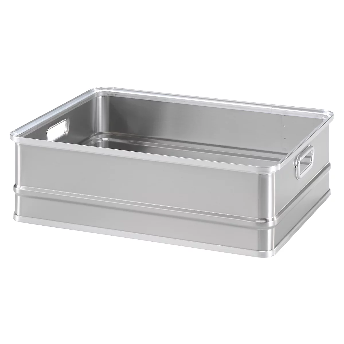 Rectangular metal box with handles on the sides. The rim is bright and shiny.