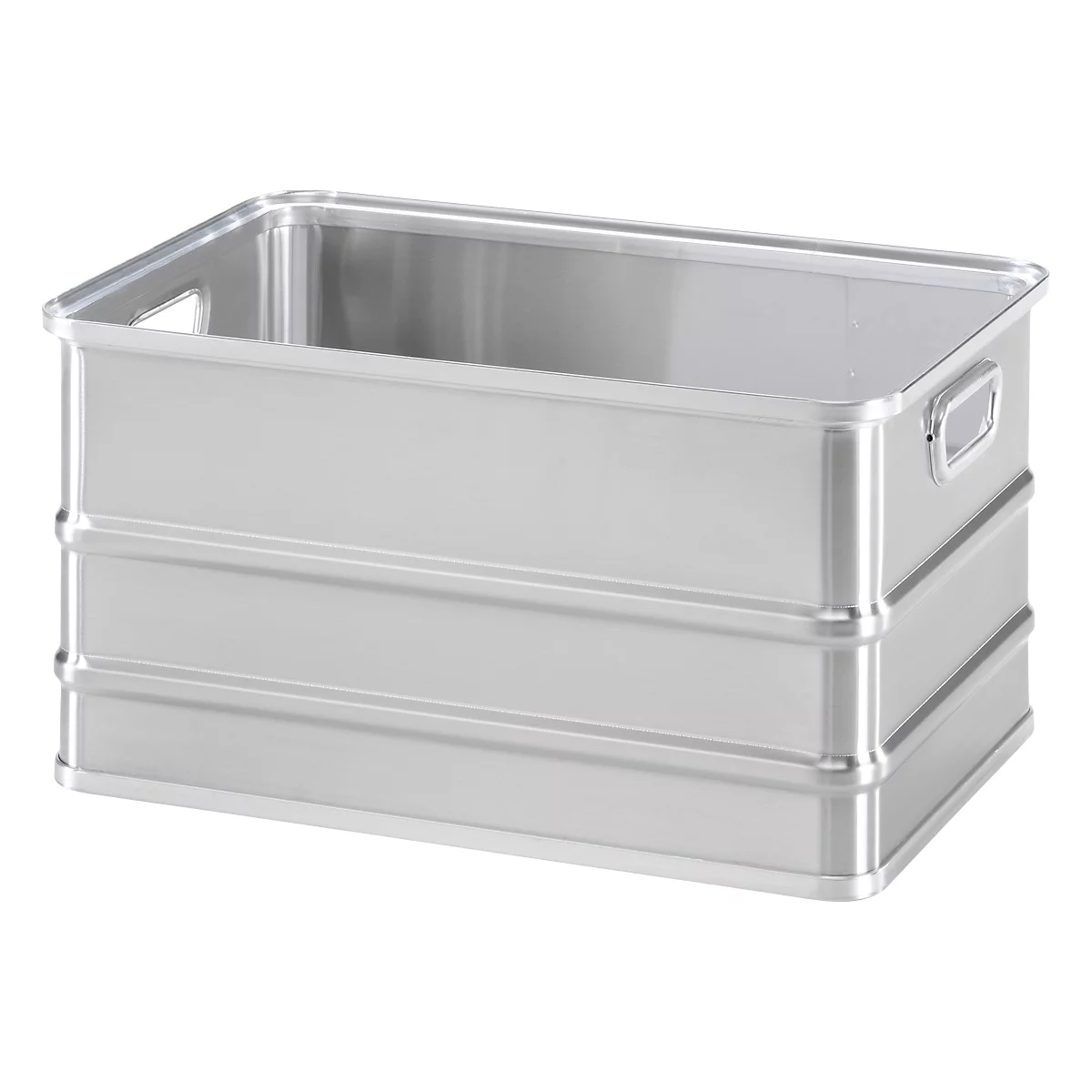 Silver aluminum crate with two handles. The crate has horizontal reinforcements.