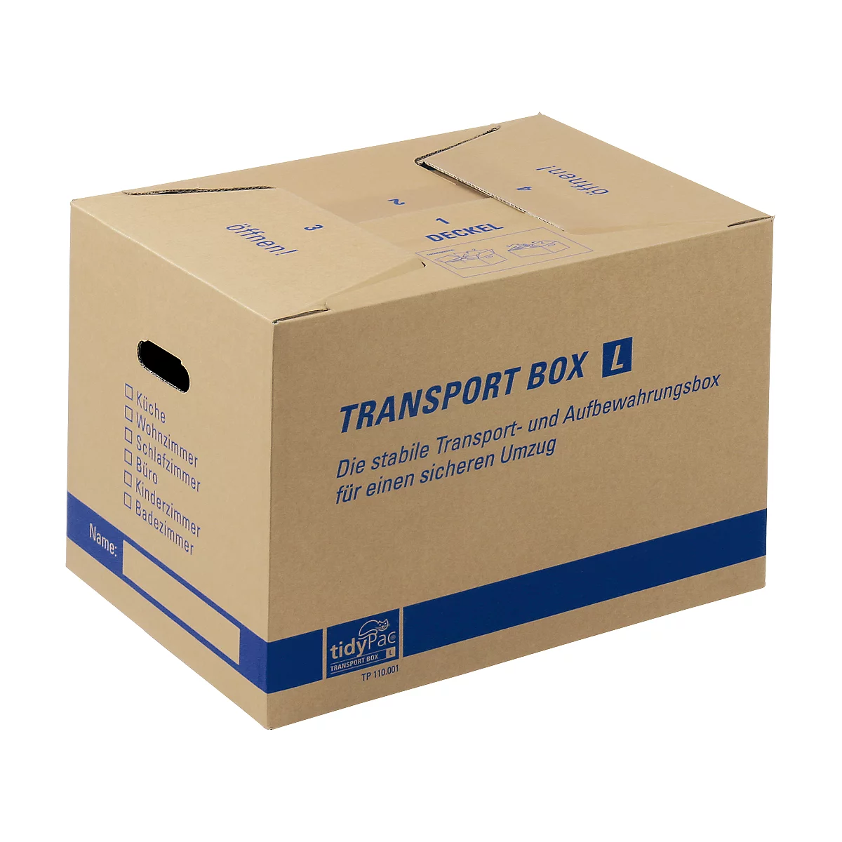 A brown moving box with blue print. Inscription: "TRANSPORT BOX L".