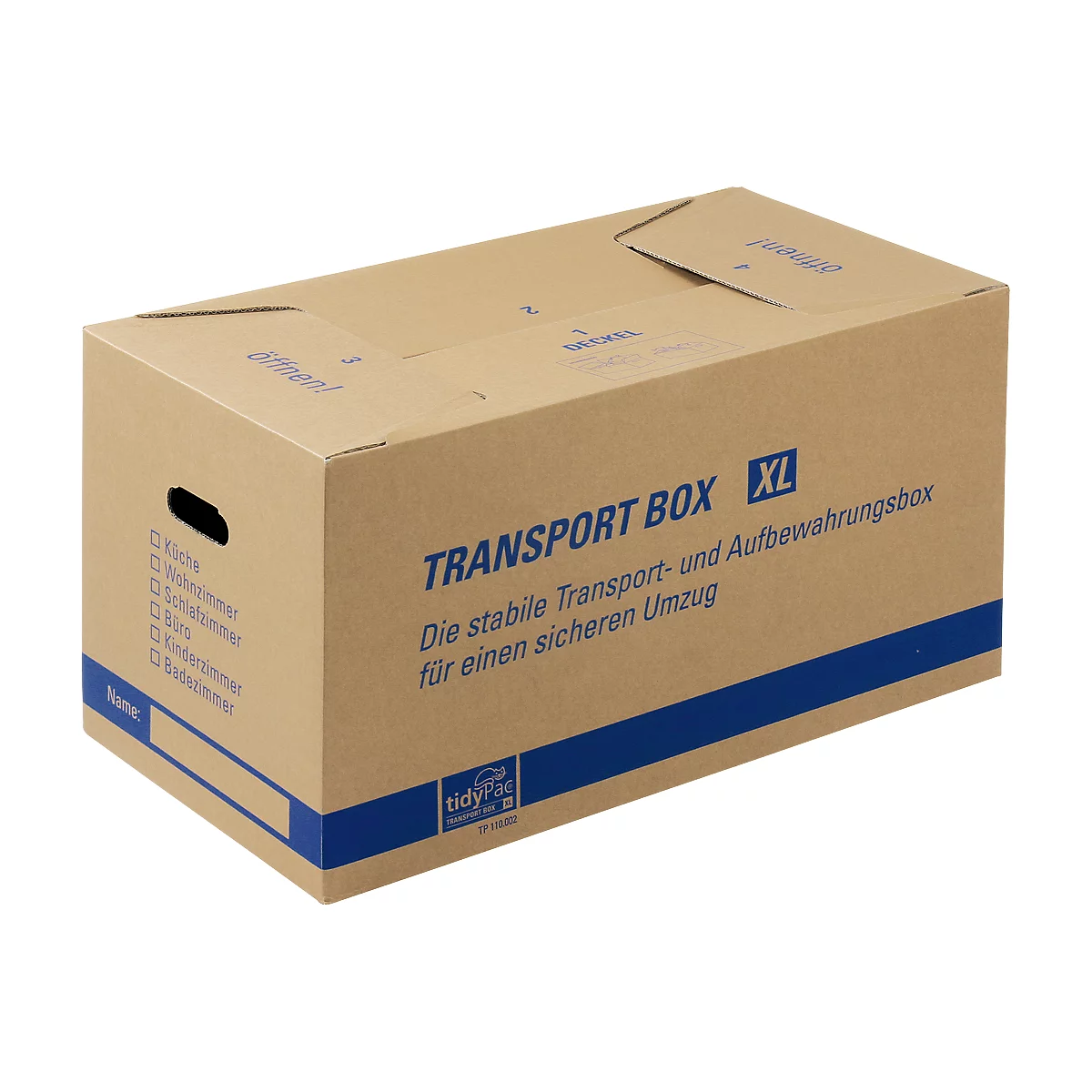 Brown moving box with blue stripes and text. The box says "TRANSPORT BOX XL" and "The stable transport and storage box".