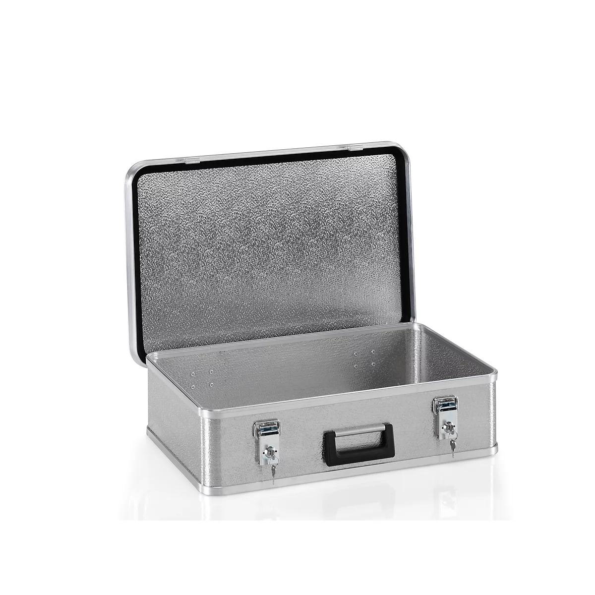 Open, silver aluminum case with black handle and lock.