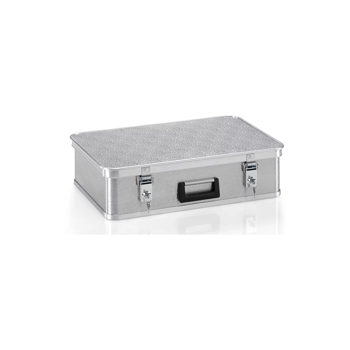 Silver aluminum case with handle and two locks.