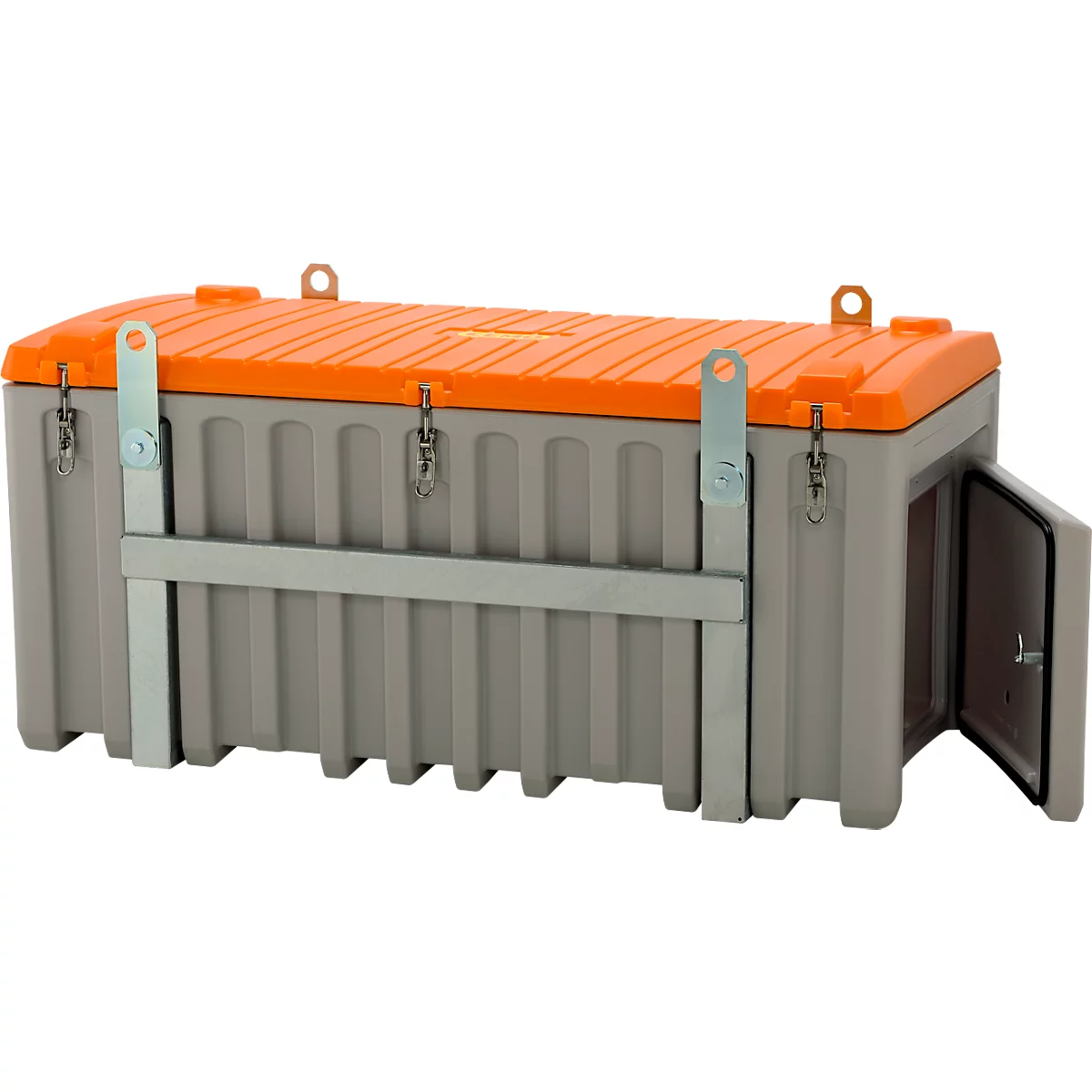 Transport- en platformkist CEMO CEMbox 750, polyethyleen, 750 l, L 1700 x B 860 x H 800 mm, stapelbaar, kraanopstelling, met zijdeur, grijs/oranje