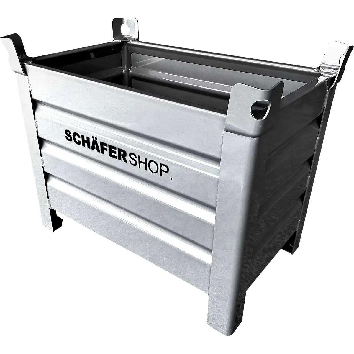Zilveren, rechthoekige transportkist met handvatten, het logo "SCHÄFERSHOP" is leesbaar.