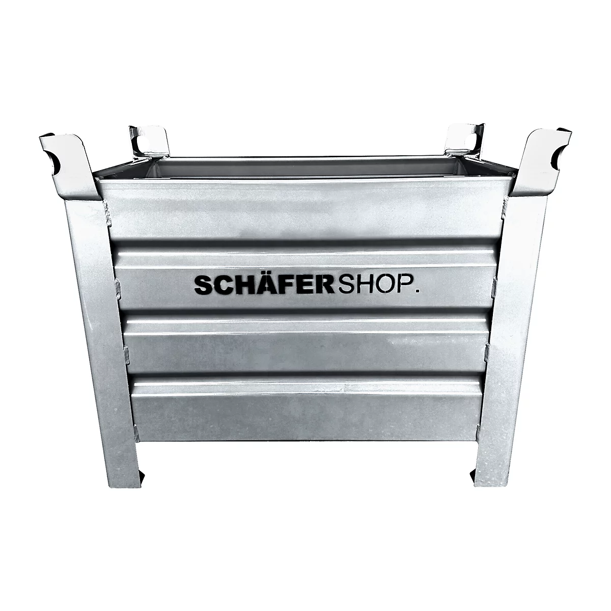 Metalen bak met 'SCHÄFERSHOP' opdruk, grijs, leeg, op witte achtergrond.