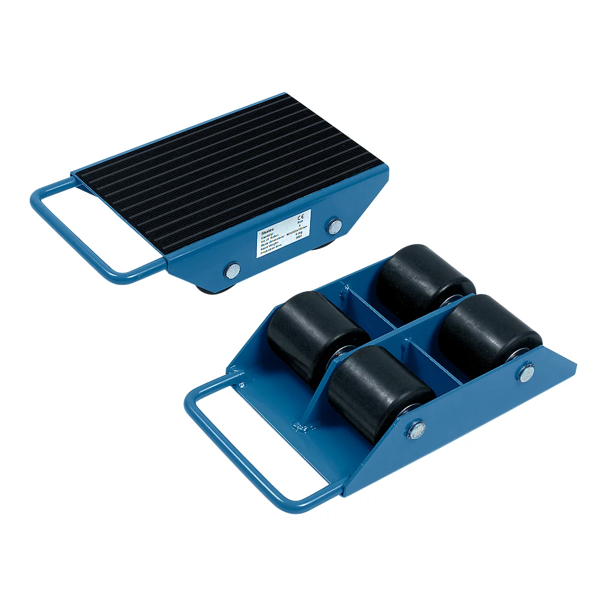 Two blue furniture skates with black top and black wheels.