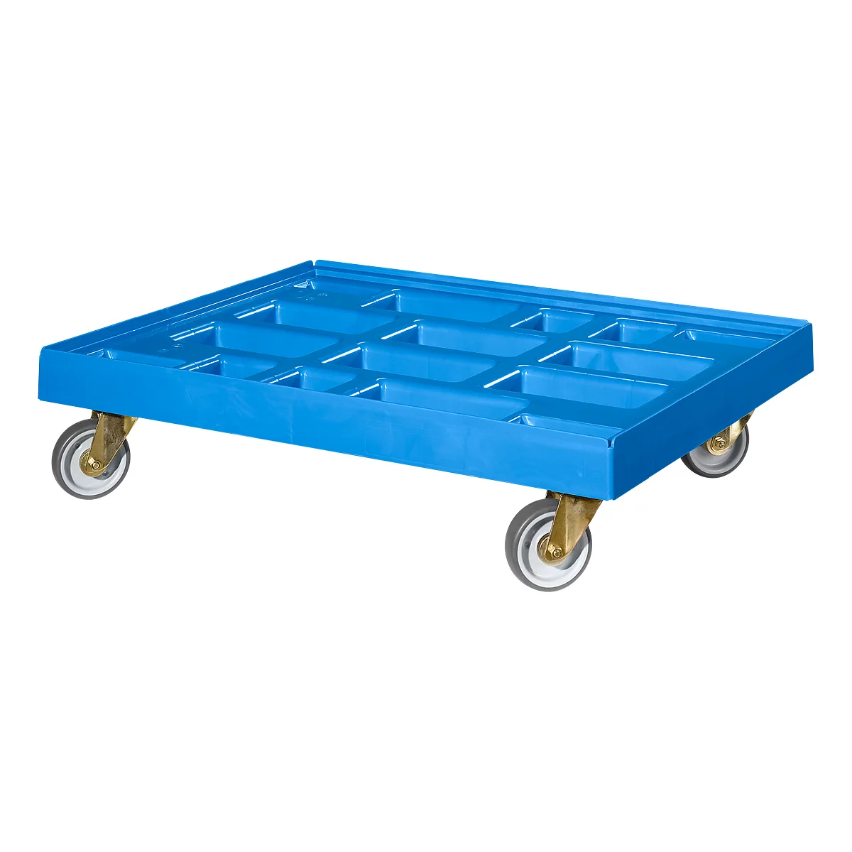 Blue cart with wheels; empty loading area with recesses.