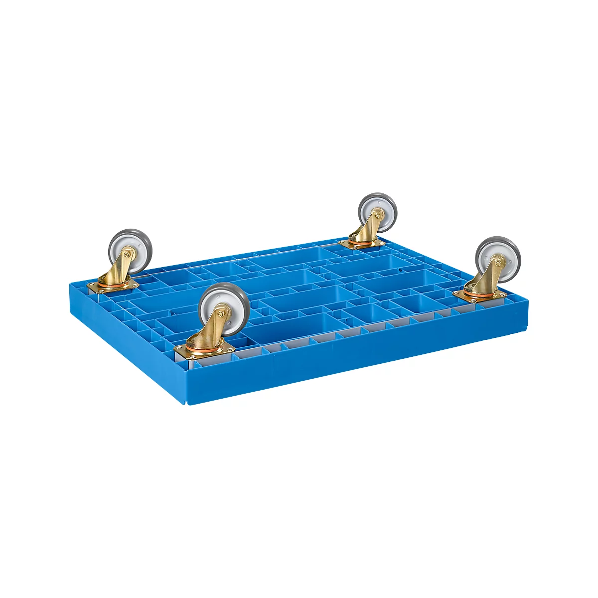 Blue plastic pallet with four mounted castors. Detailed view from below.