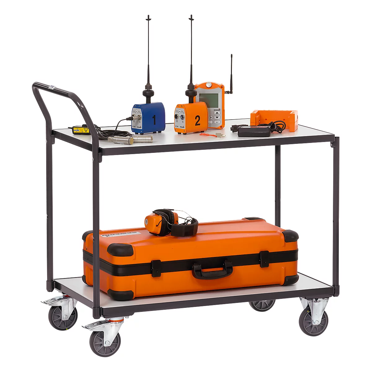 Equipment cart with measuring instruments. Measuring devices on the upper shelf, a suitcase and hearing protection on the lower one.