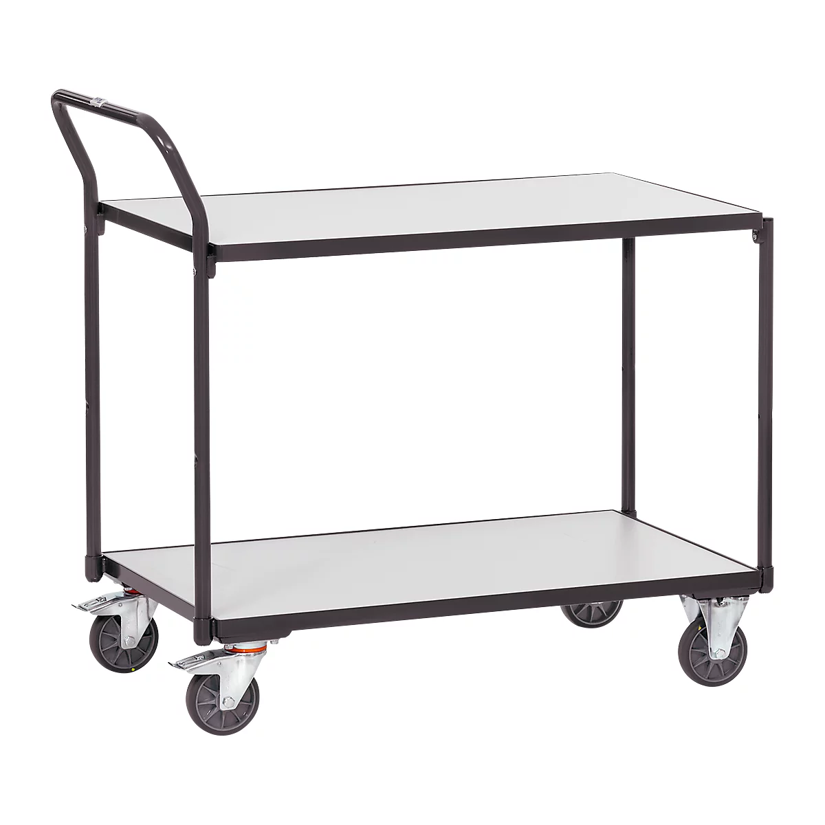 A two-tier rolling cart, black, with two shelves and four wheels.