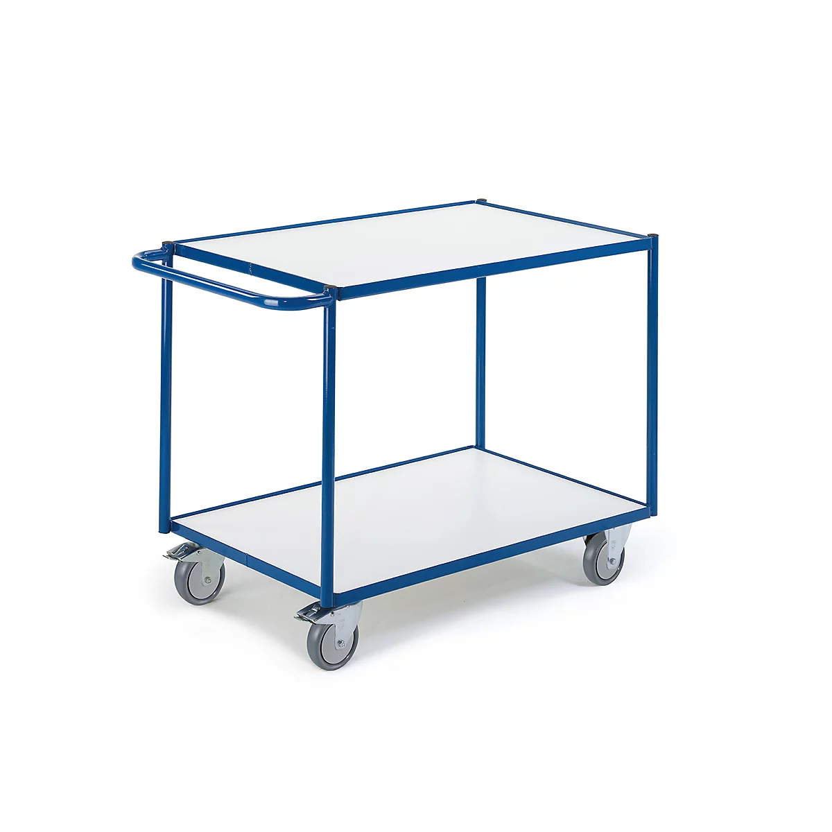 Blue serving cart with two tiers and white shelves. Wheels and handle.