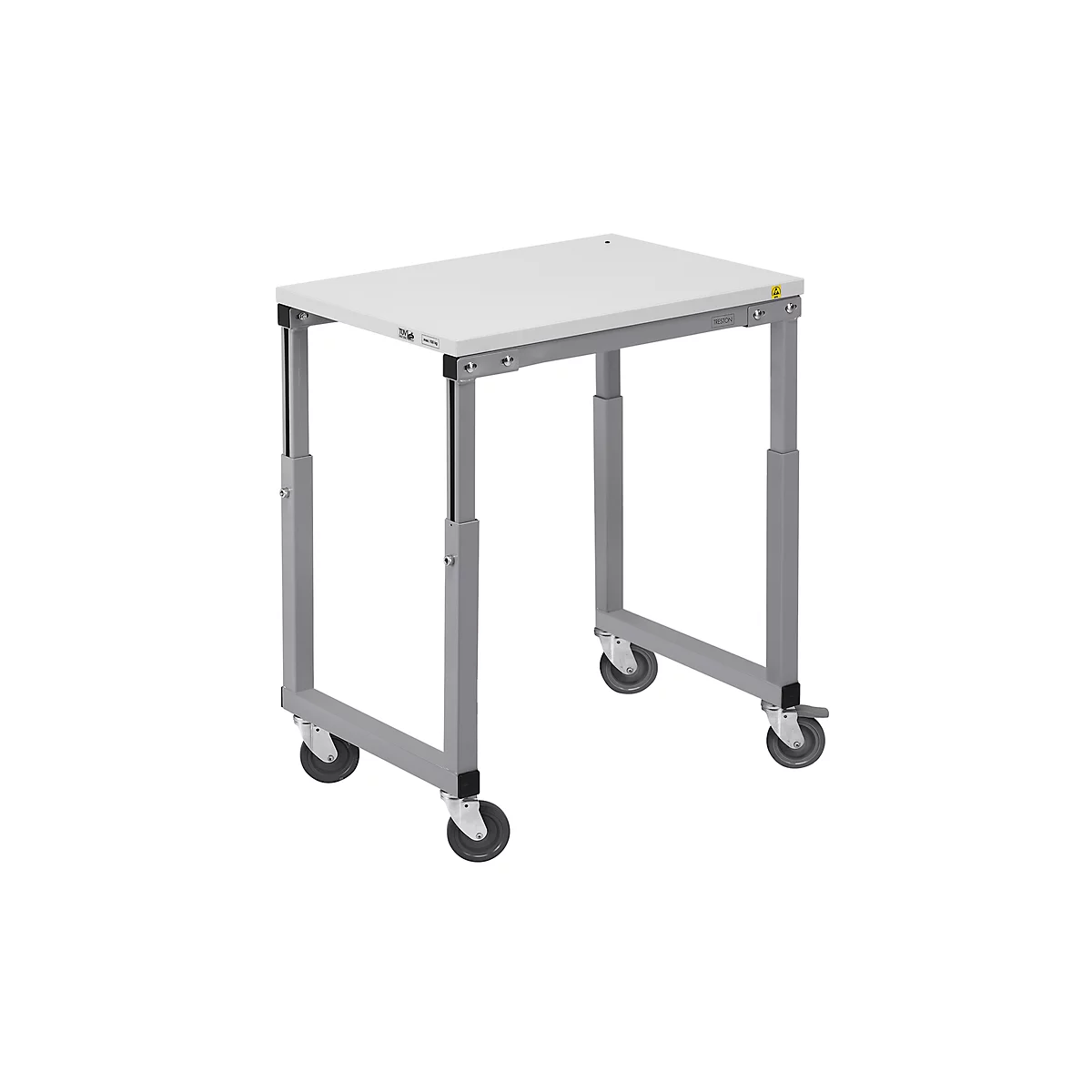 A white height-adjustable table with wheels against a white background.