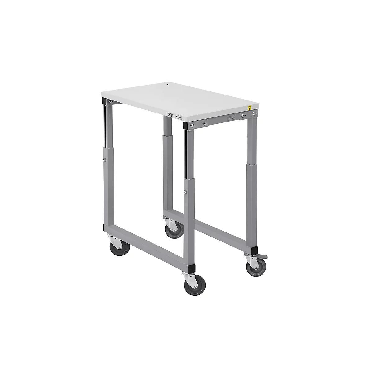A white, rectangular table on wheels with adjustable height.