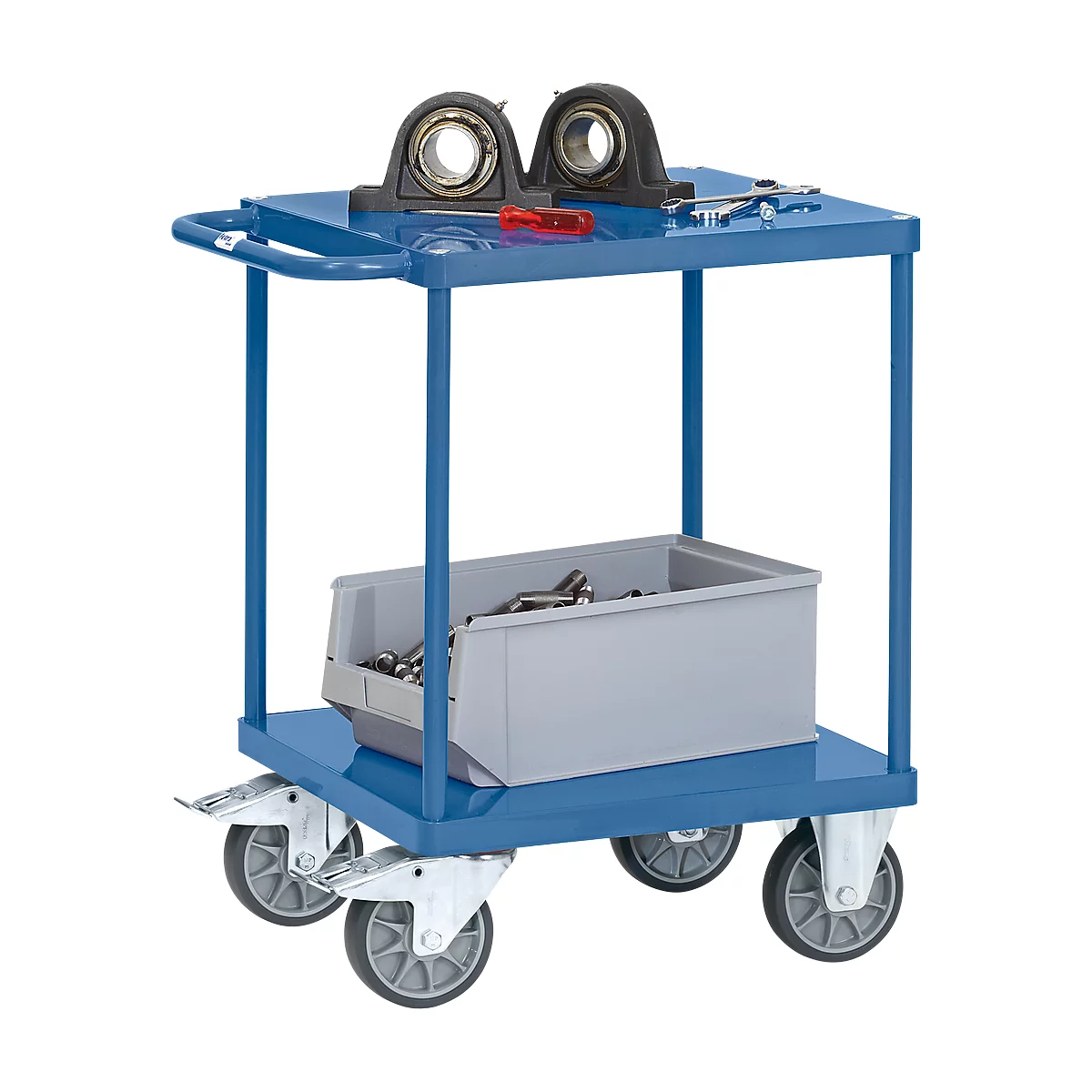 Blue tool cart with bearings, tools and drawer. Wheels under the cart.