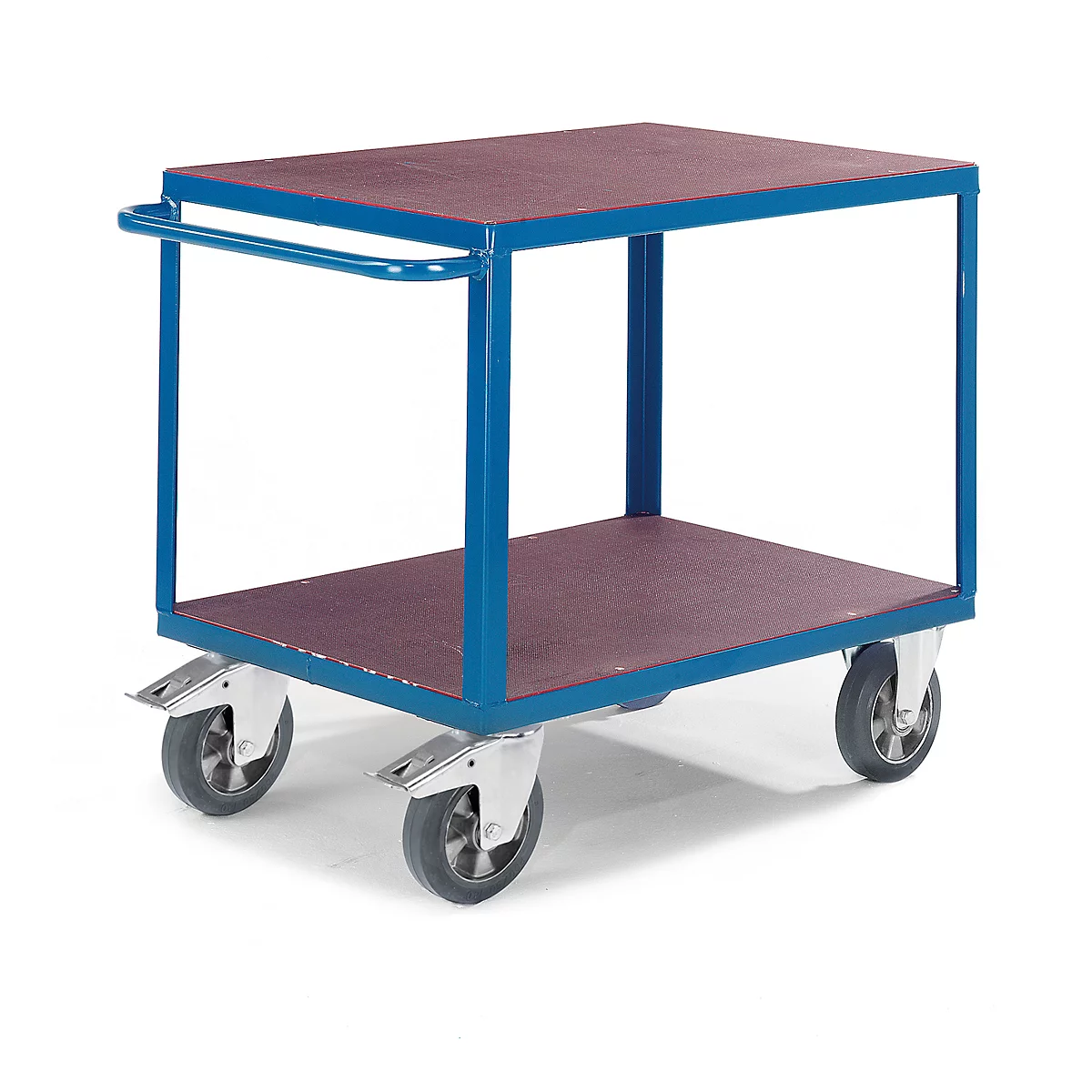 Blue trolley with two levels, wooden plates, and four wheels, with a handle.