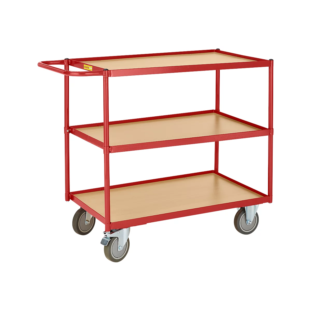 A red serving cart with three wooden levels. The cart has four wheels and a handle.