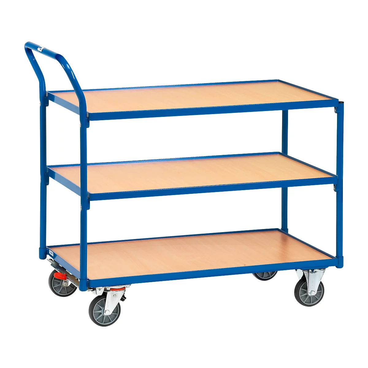 Blue rolling shelf with three wooden shelves. It has four wheels, a handle and is designed for transporting goods.