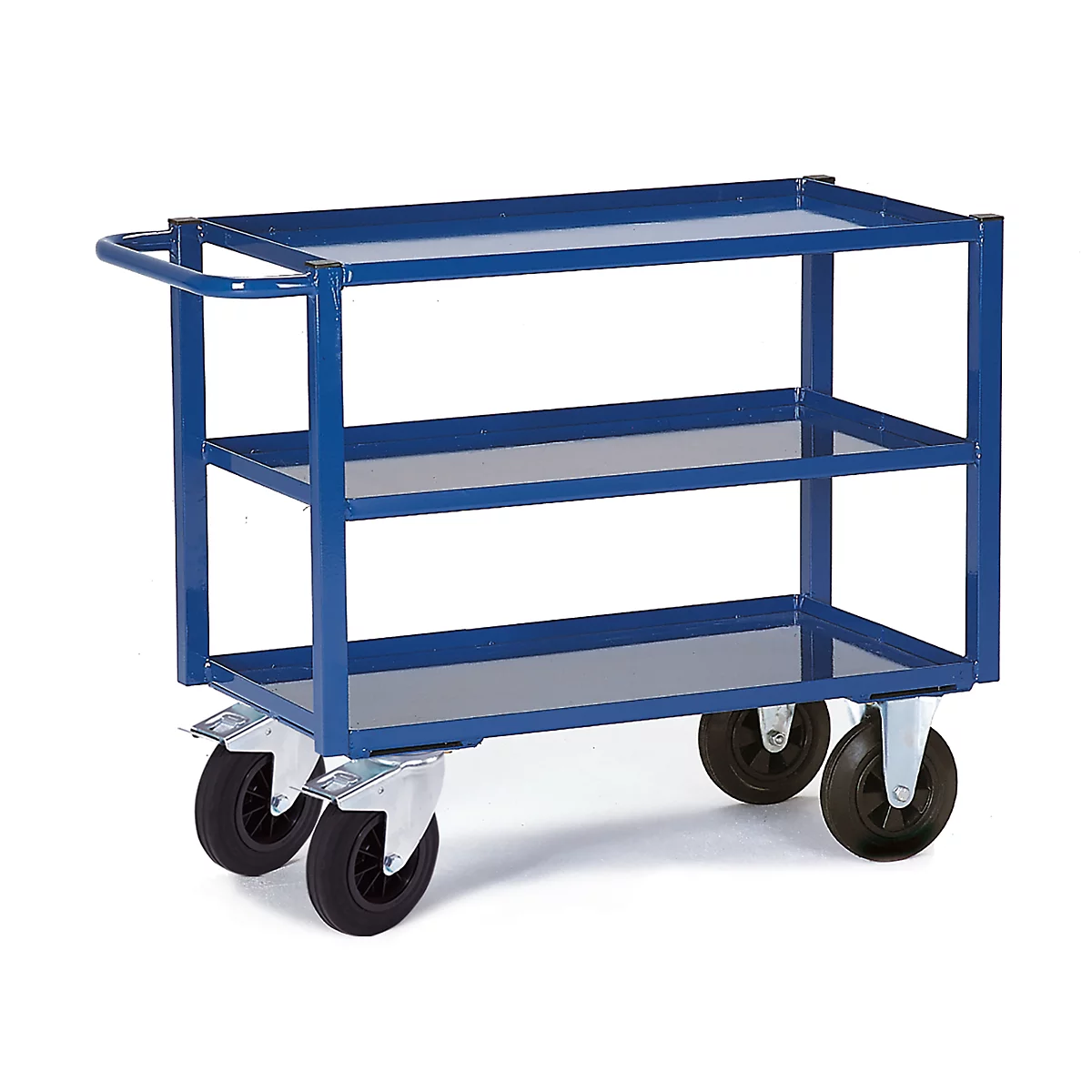 Blue serving cart with three tiers on wheels. On a white background.