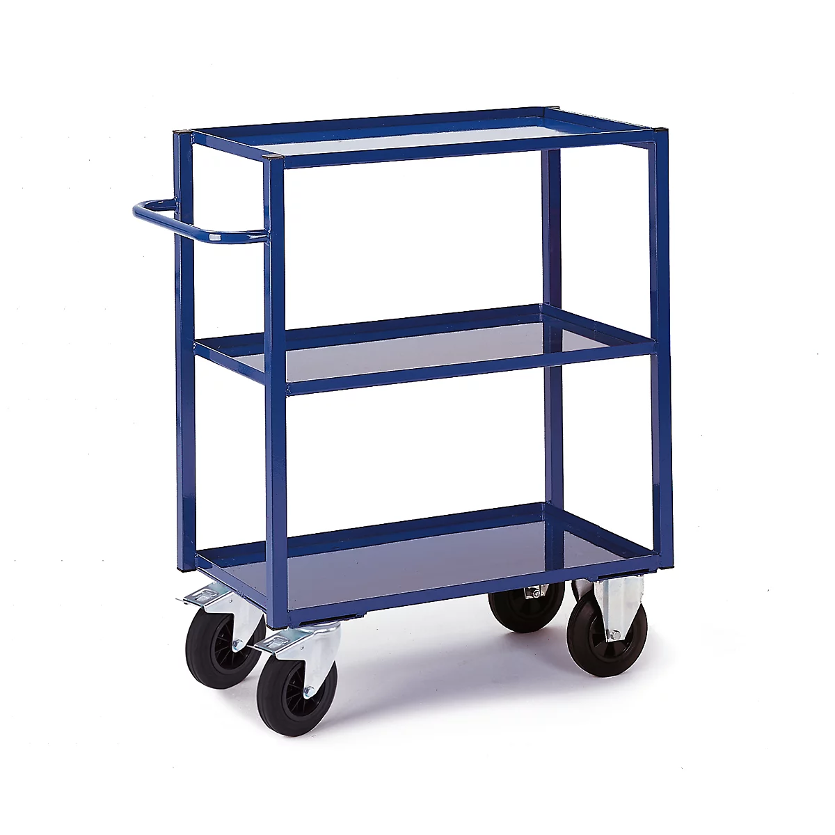 Blue serving cart with three shelves and handle, on wheels.