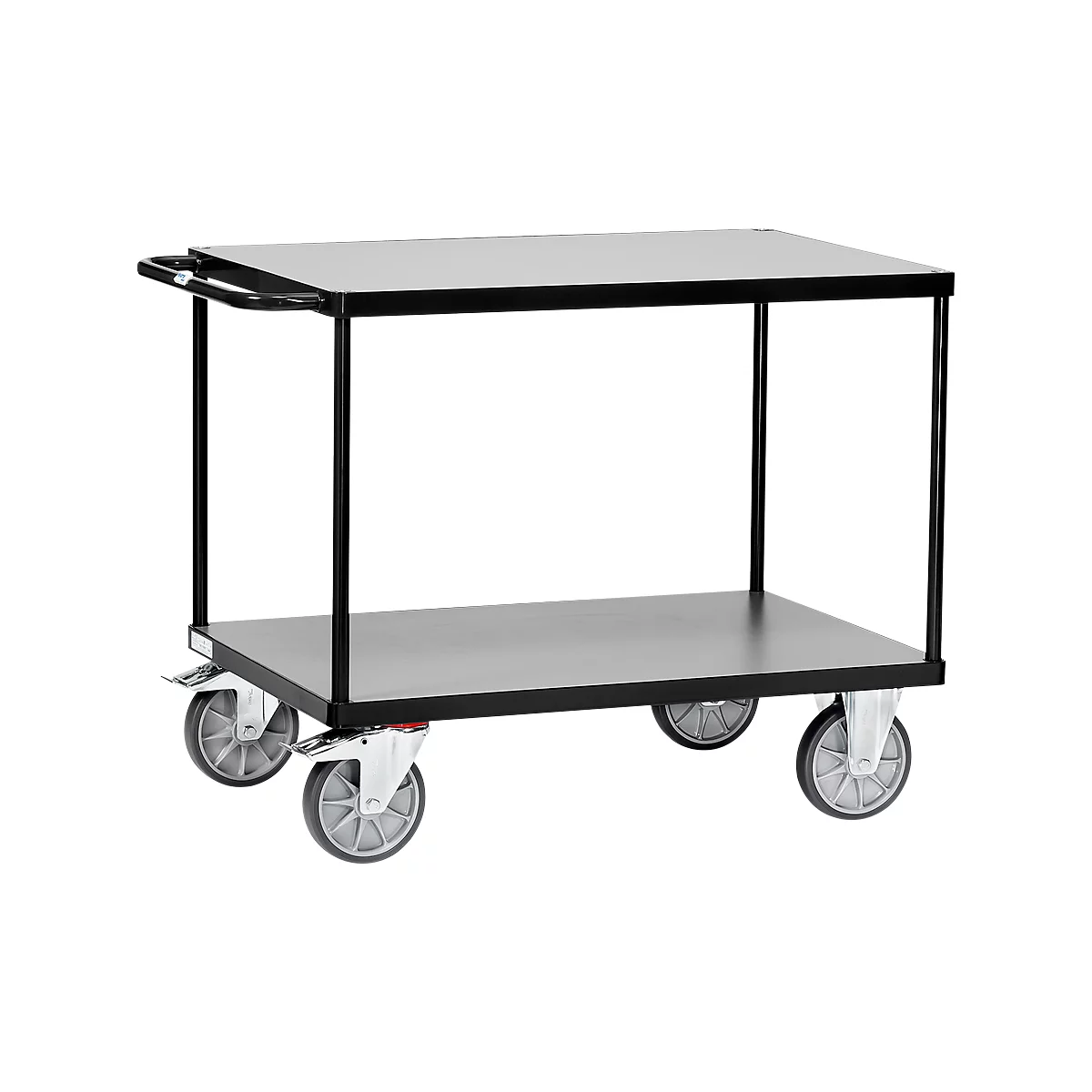 Black serving cart with two levels, on four castors. With handle at the top.