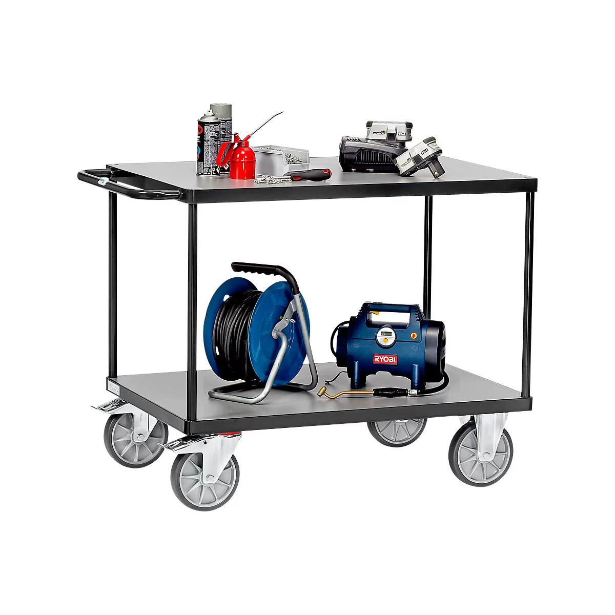 Tool cart with tools and equipment. On wheels, on two levels. Top spray can, oil can, battery charger, etc. Bottom cable reel and compressor.