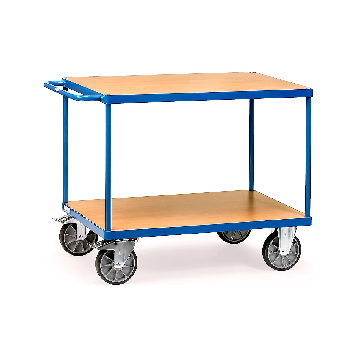 A blue serving cart with two wooden shelves. It has four wheels and a handle.