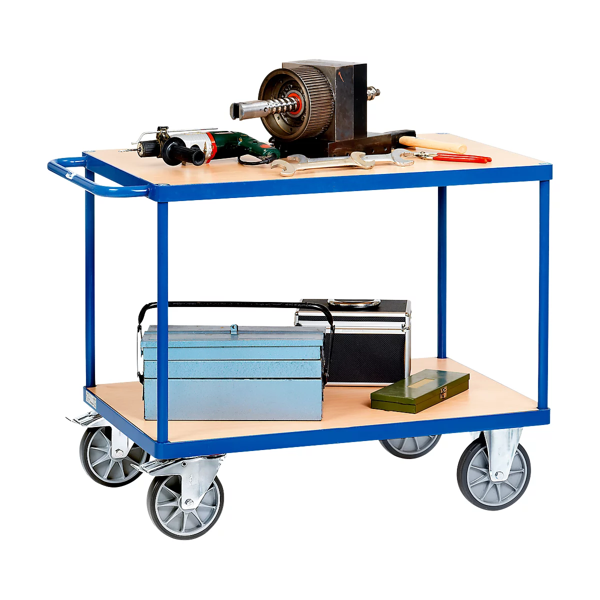 Tool cart with tools, including a gear, a drill, wrenches and clamps.