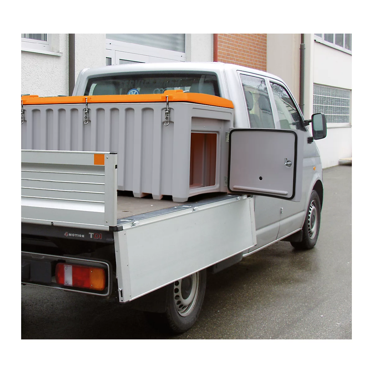 Transport- und Pritschenbox CEMO CEMbox 750, Polyethylen, 750 l, L 1700 x B 840 x H 800 mm, stapelbar, mit Seitentür, grau/orange