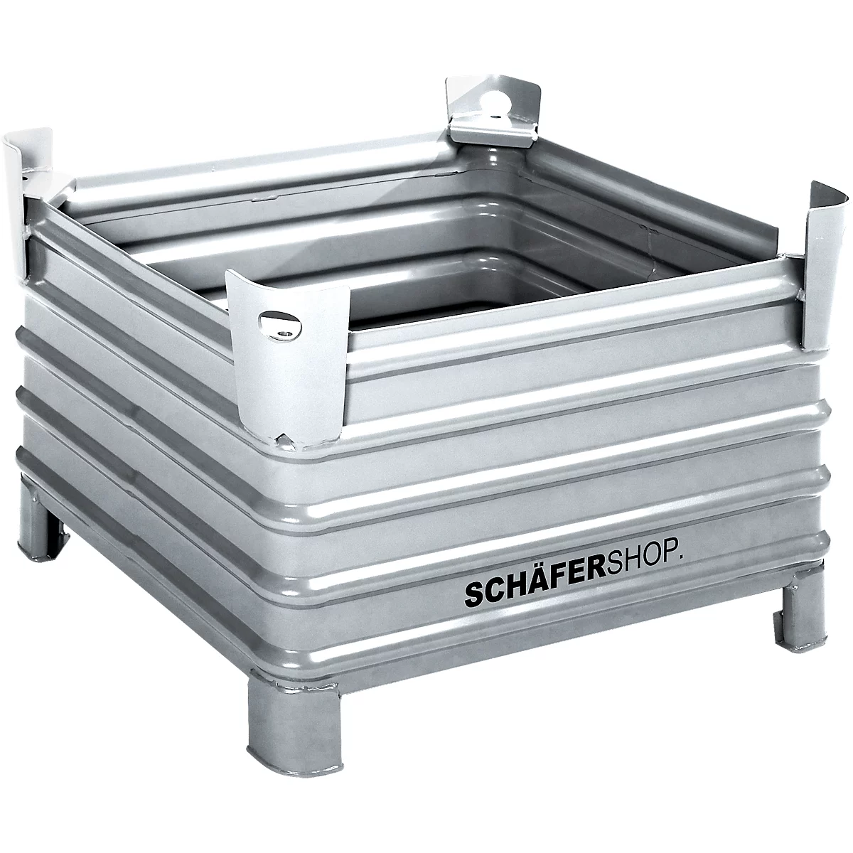 Quadratischer Metallbehälter mit geriffelten Seiten und Schriftzug SCHÄFERSHOP.