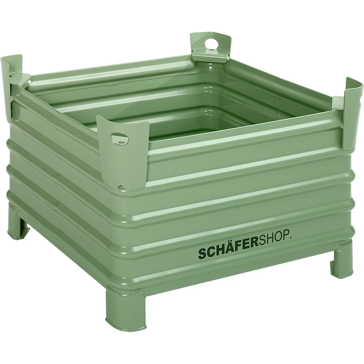 Grüner Metallbehälter mit geriffelter Oberfläche, auf Beinen stehend, mit dem Schriftzug "SCHÄFERSHOP".
