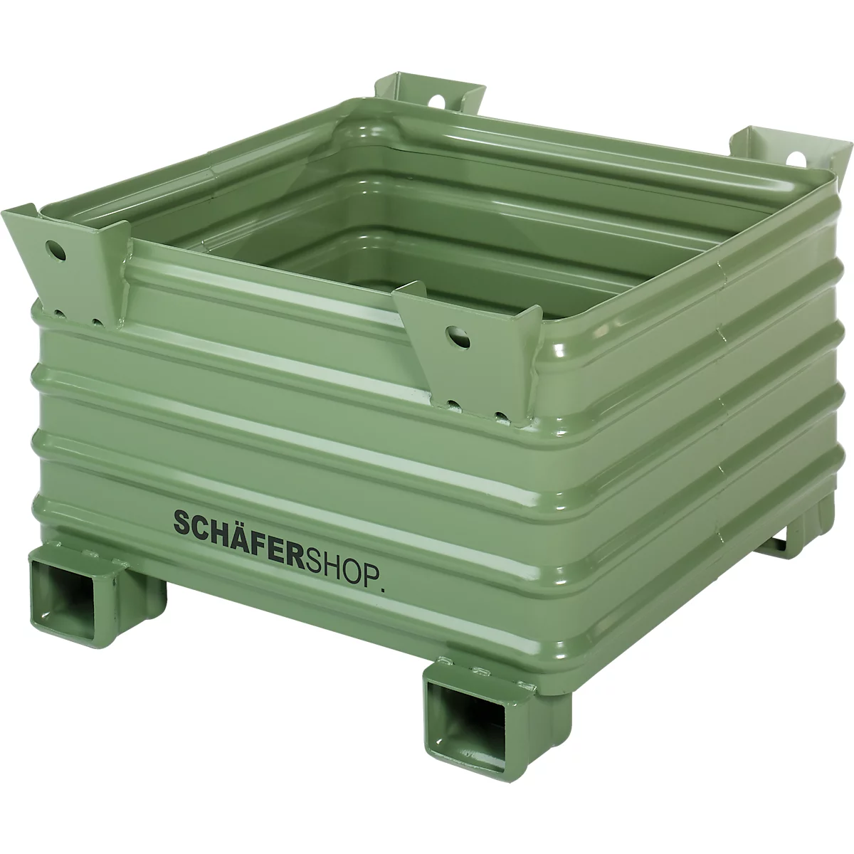 Ein grüner, stapelbarer Metallbehälter mit dem Schriftzug „SCHÄFERSHOP“.