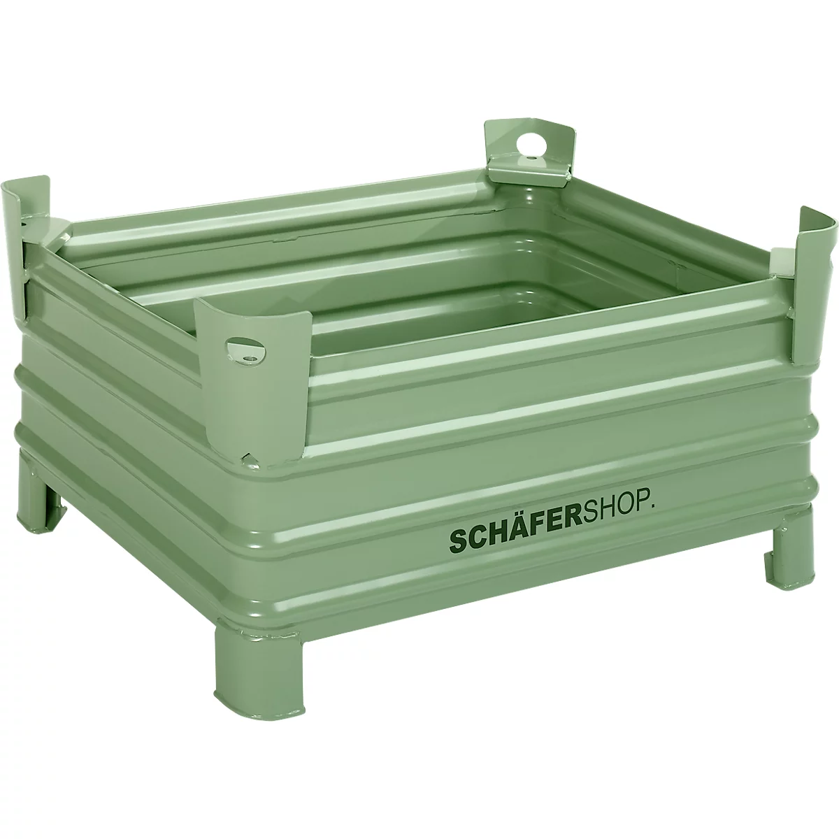 Hellgrüne, stapelbare Transportbox mit dem Aufdruck SCHÄFERSHOP.
